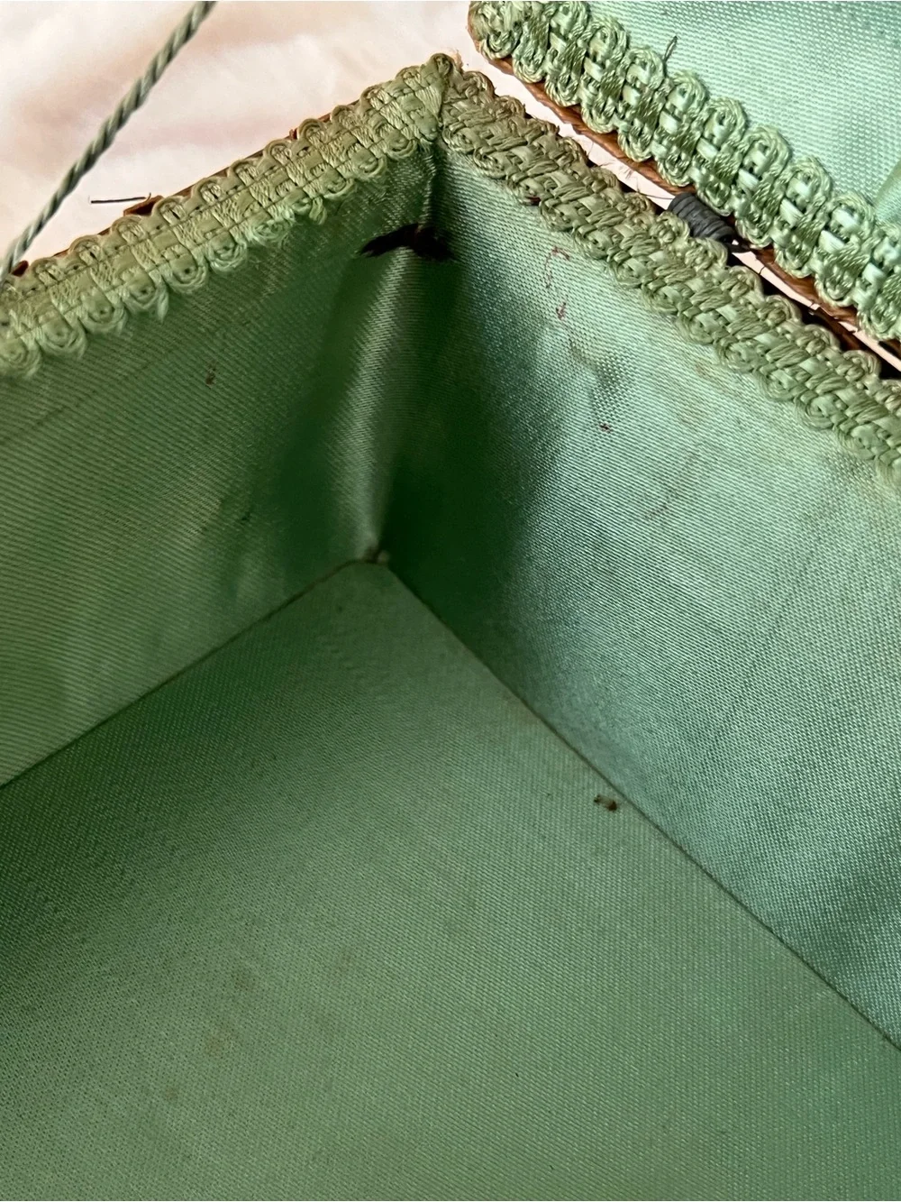 Vintage 1960s Braided Basketweave Sewing Chest Green Trim Satin Interior